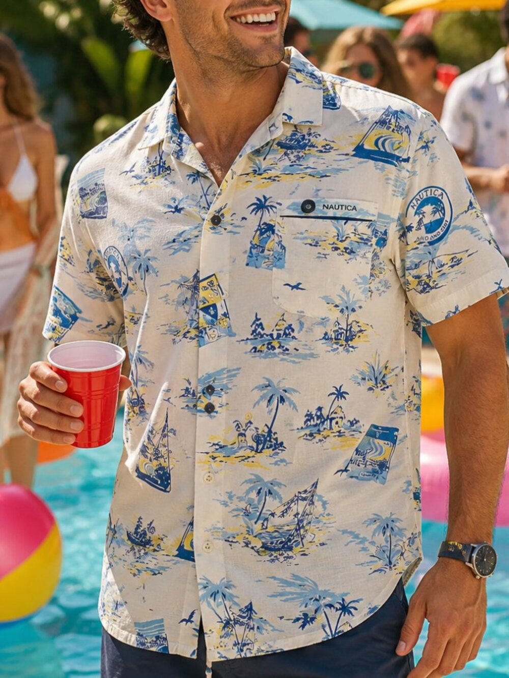 Nautica Men's XL Tropical Shirt Linen Blend Button Front Short Sleeve